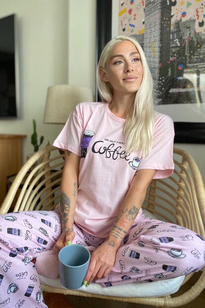 Pembe Coffee Baskılı Kısa Kollu Kadın Pijama Takımı - 2
