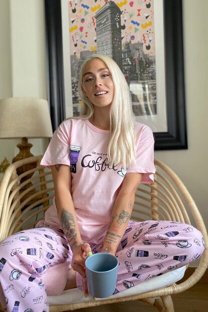 Pembe Coffee Baskılı Kısa Kollu Kadın Pijama Takımı - 3