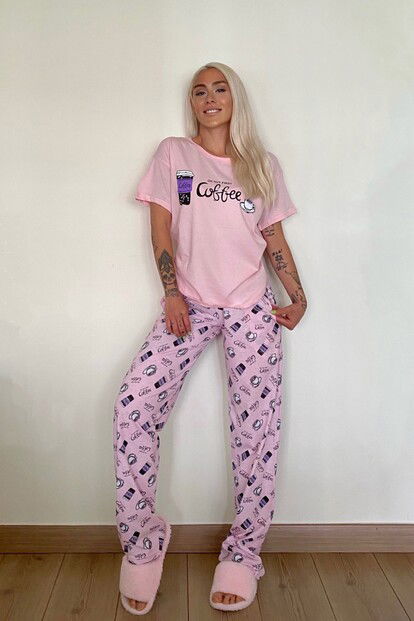Pembe Coffee Baskılı Kısa Kollu Kadın Pijama Takımı - 4