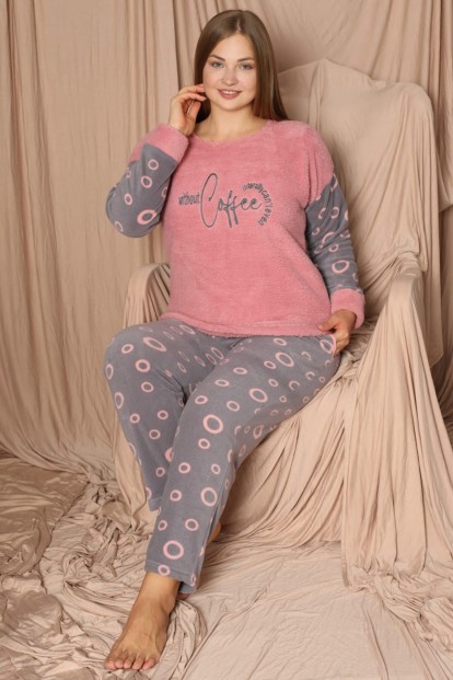 Pembe Coffee Desenli Büyük Beden Battal Peluş Pijama Takımı - 1