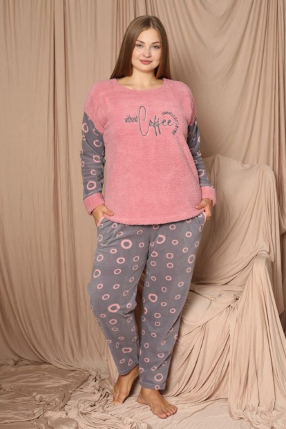 Pembe Coffee Desenli Büyük Beden Battal Peluş Pijama Takımı - 2