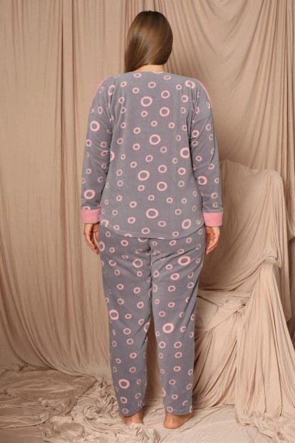 Pembe Coffee Desenli Büyük Beden Battal Peluş Pijama Takımı - 3