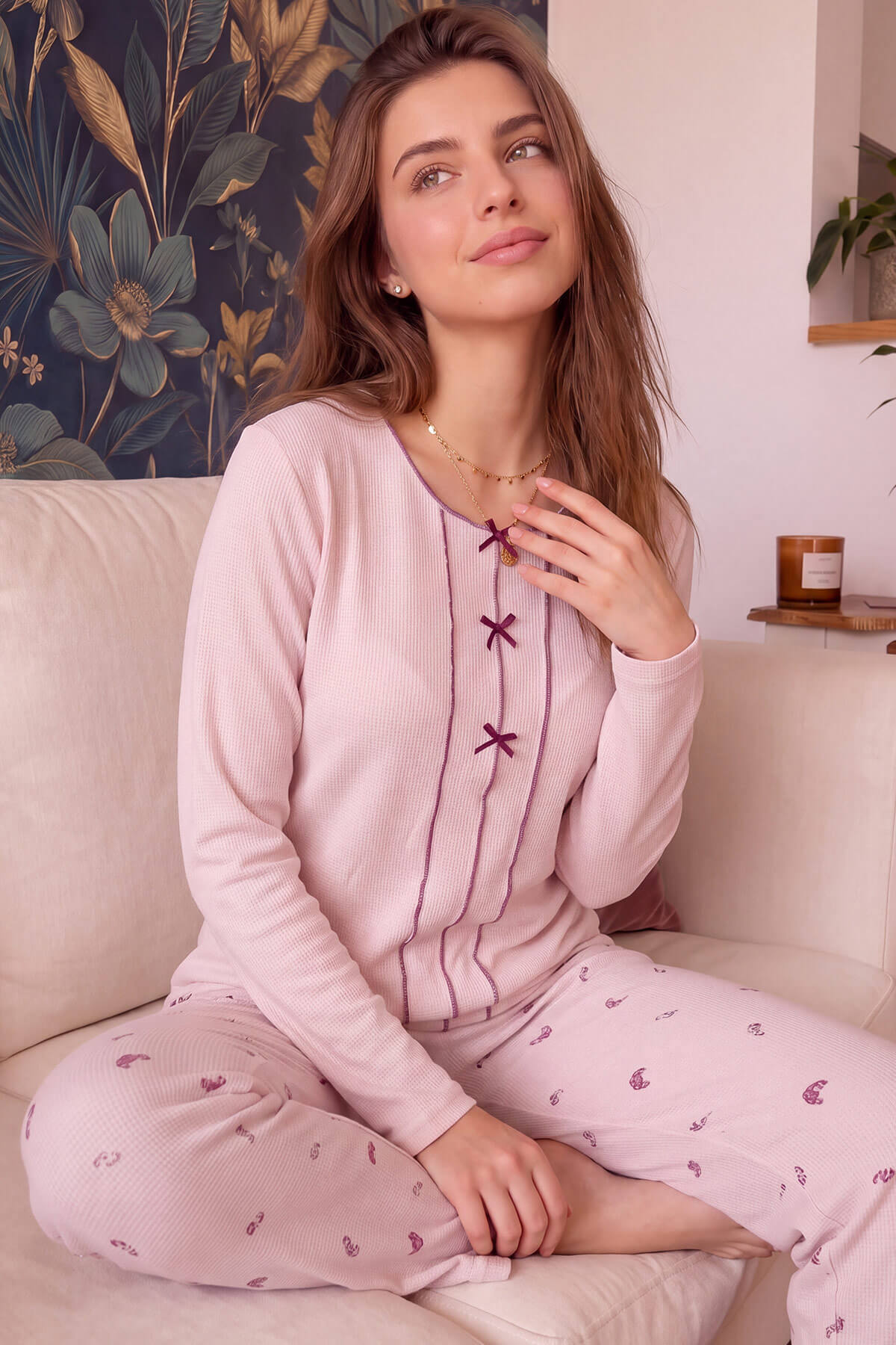 Pembe Croissant Desenli Waffle Soft Uzun Kollu Kadın Pijama Takım - Pijamaevi