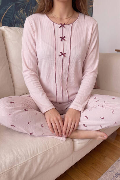 Pembe Croissant Desenli Waffle Soft Uzun Kollu Kadın Pijama Takım - 6