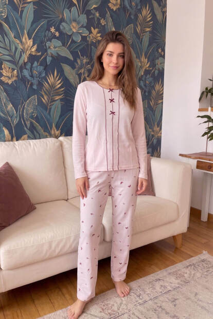 Pembe Croissant Desenli Waffle Soft Uzun Kollu Kadın Pijama Takım - 7