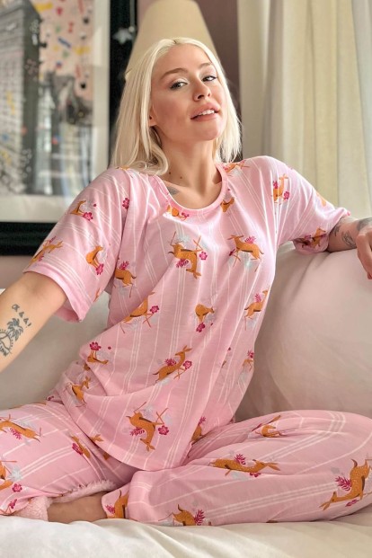 Pembe Deer Baskılı Kısa Kollu Kadın Pijama Takımı - 1