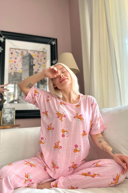 Pembe Deer Baskılı Kısa Kollu Kadın Pijama Takımı - 3