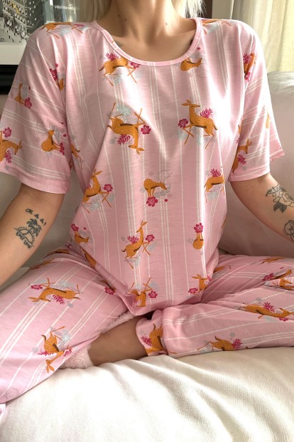 Pembe Deer Baskılı Kısa Kollu Kadın Pijama Takımı - 4