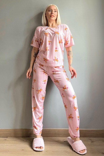Pembe Deer Baskılı Kısa Kollu Kadın Pijama Takımı - 5