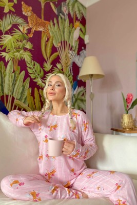 Pembe Deer Baskılı Uzun Kol Kadın Pijama Takımı - 2