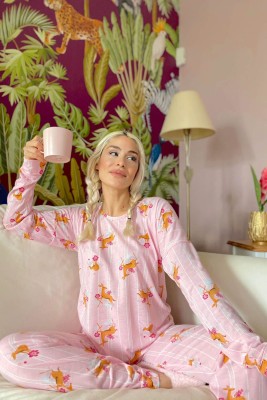 Pembe Deer Baskılı Uzun Kol Kadın Pijama Takımı - 3