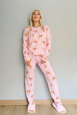 Pembe Deer Baskılı Uzun Kol Kadın Pijama Takımı - 4