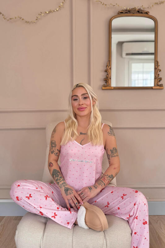Pembe Dont Wake Me Up Baskılı Ip Askılı Örme Kadın Pijama Takımı - Pijamaevi (2)