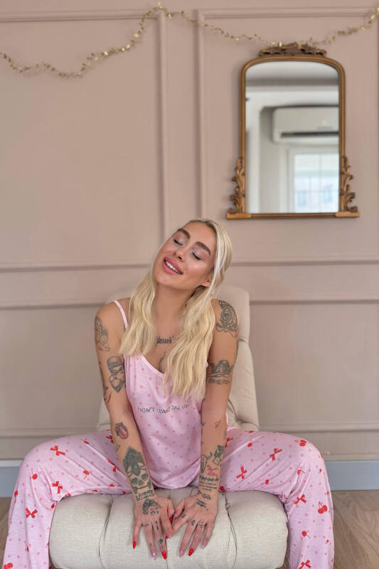 Pembe Dont Wake Me Up Baskılı Ip Askılı Örme Kadın Pijama Takımı - Pijamaevi (3)