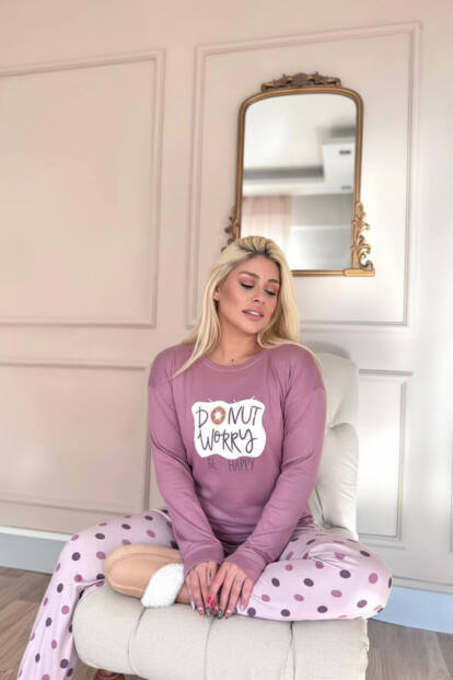 Pembe Donut Worry Desenli Termal Kadın Pijama Takımı - 2