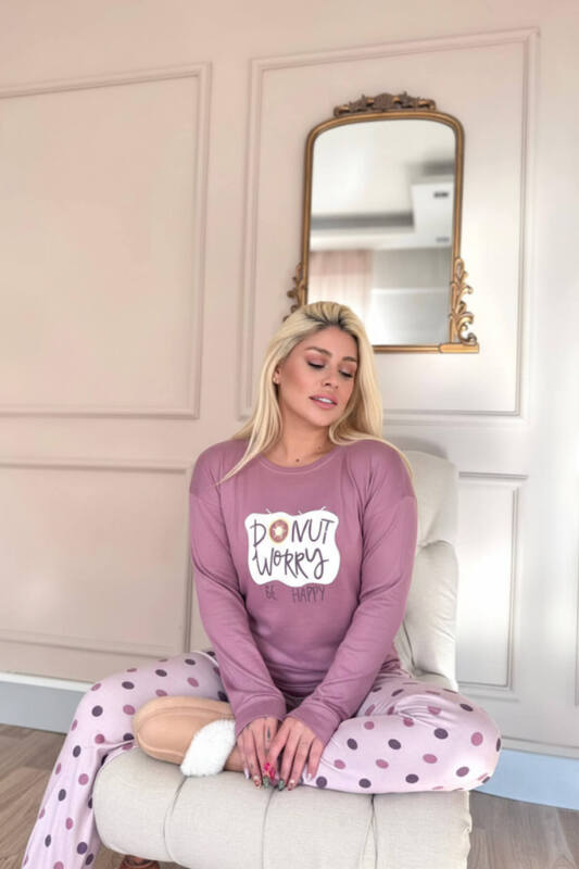 Pembe Donut Worry Desenli Termal Kadın Pijama Takımı - Pijamaevi (1)