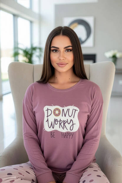 Pembe Donut Worry Desenli Termal Kadın Pijama Takımı - 2