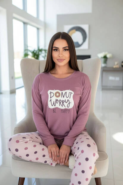 Pembe Donut Worry Desenli Termal Kadın Pijama Takımı - 4
