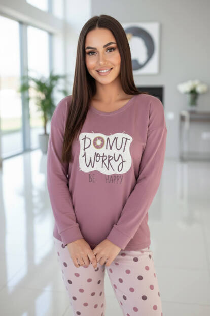 Pembe Donut Worry Desenli Termal Kadın Pijama Takımı - 5