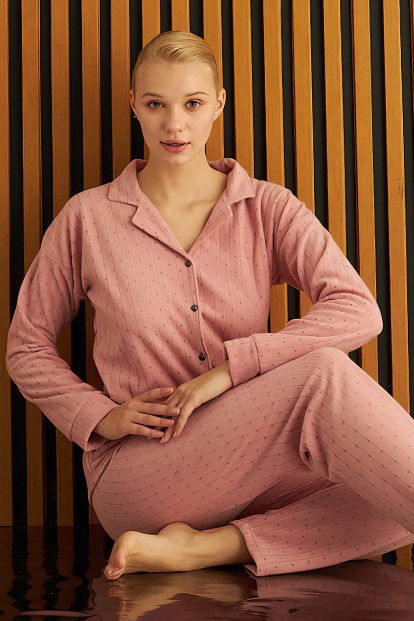 Pembe Dotted Desenli Önden Düğmeli Peluş Polar Pijama Takımı - 1