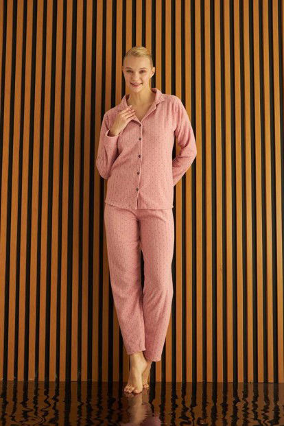 Pembe Dotted Desenli Önden Düğmeli Peluş Polar Pijama Takımı - 2