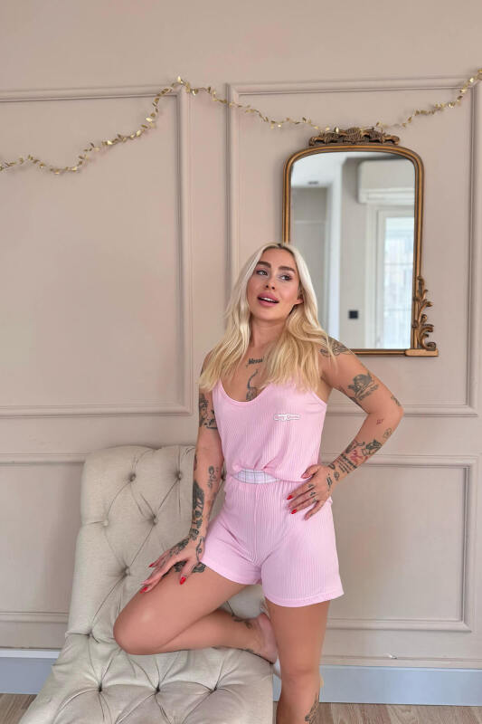 Pembe Douce Dream Desenli Örme Ip Askı Şortlu Kadın Pijama Takımı - Pijamaevi (2)