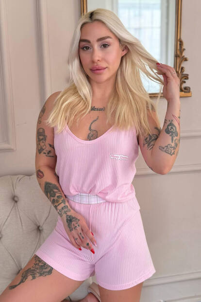 Pembe Douce Dream Desenli Örme Ip Askı Şortlu Kadın Pijama Takımı - 6