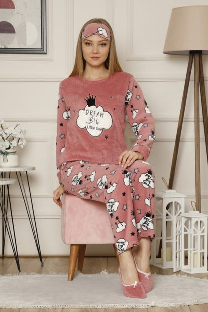 Pembe Dream Big Desenli Kadın Peluş Pijama Takımı - 1