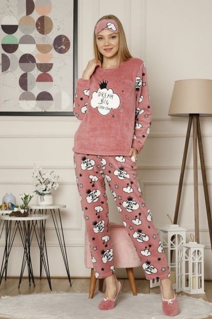 Pembe Dream Big Desenli Kadın Peluş Pijama Takımı - 2