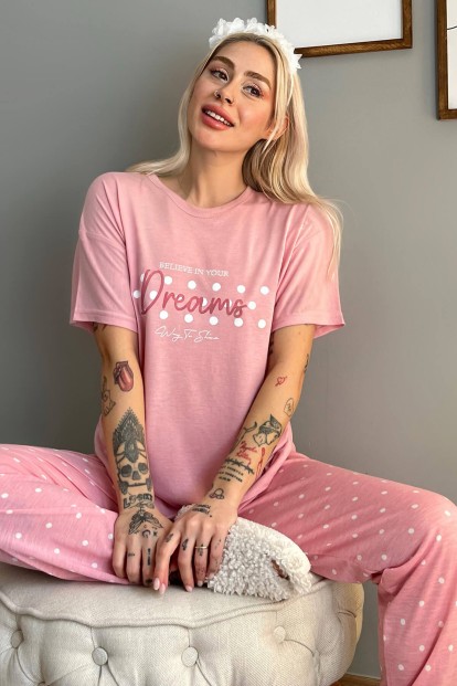Pembe Dreams Baskılı Örme Kısa Kollu Kadın Pijama Takımı - 1