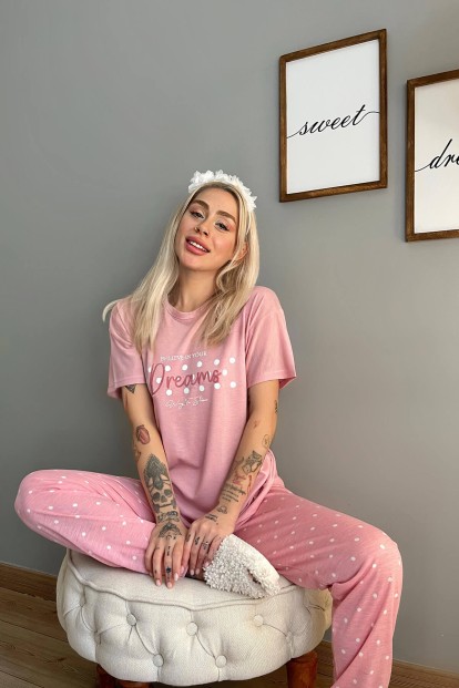 Pembe Dreams Baskılı Örme Kısa Kollu Kadın Pijama Takımı - 2
