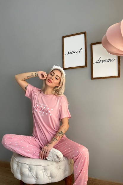 Pembe Dreams Baskılı Örme Kısa Kollu Kadın Pijama Takımı - 3
