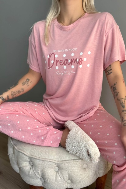 Pembe Dreams Baskılı Örme Kısa Kollu Kadın Pijama Takımı - 4