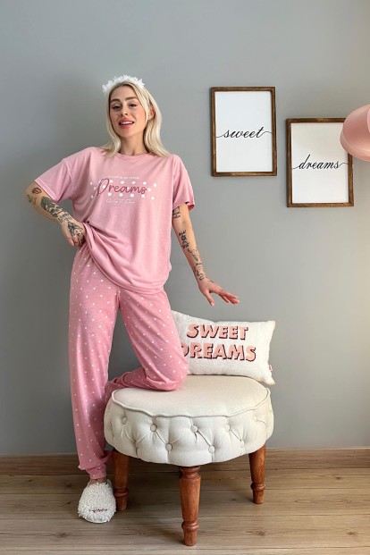 Pembe Dreams Baskılı Örme Kısa Kollu Kadın Pijama Takımı - 5