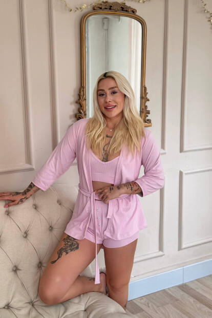 Pembe Dublin Büstiyerli Sabahlıklı Kadın Pijama Takımı - 2