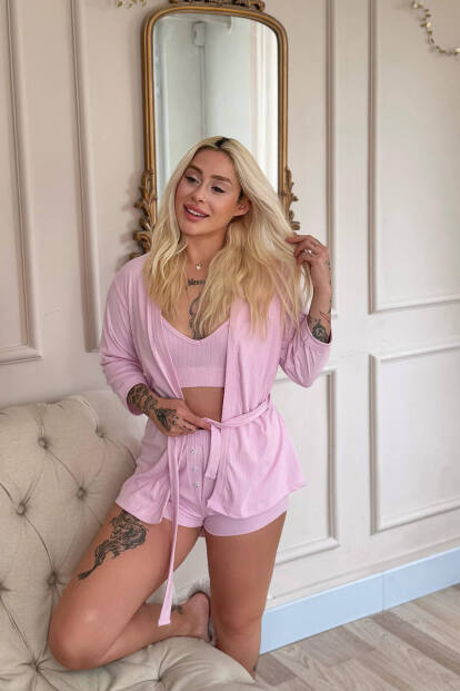 Pembe Dublin Büstiyerli Sabahlıklı Kadın Pijama Takımı - 3
