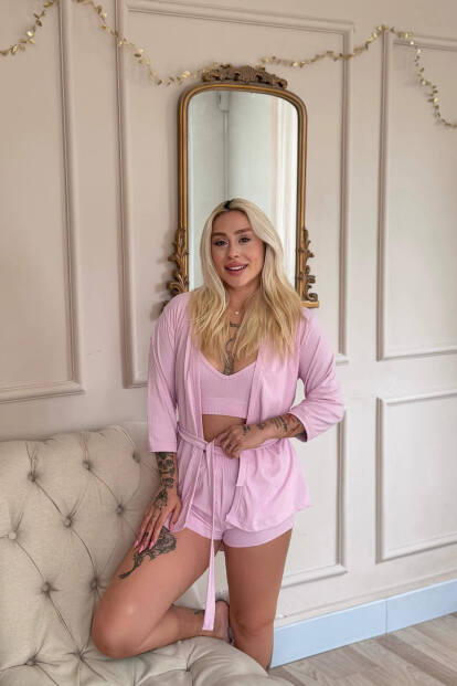 Pembe Dublin Büstiyerli Sabahlıklı Kadın Pijama Takımı - 4