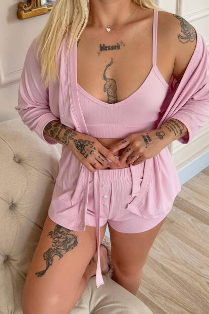 Pembe Dublin Büstiyerli Sabahlıklı Kadın Pijama Takımı - 5