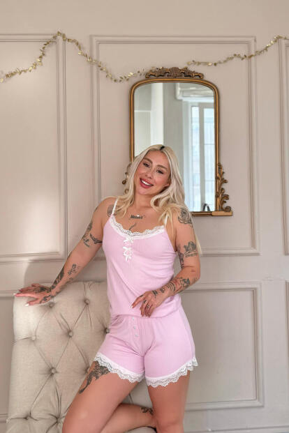 Pembe Dublin Ip Askı Şortlu Kadın Pijama Takımı - 2