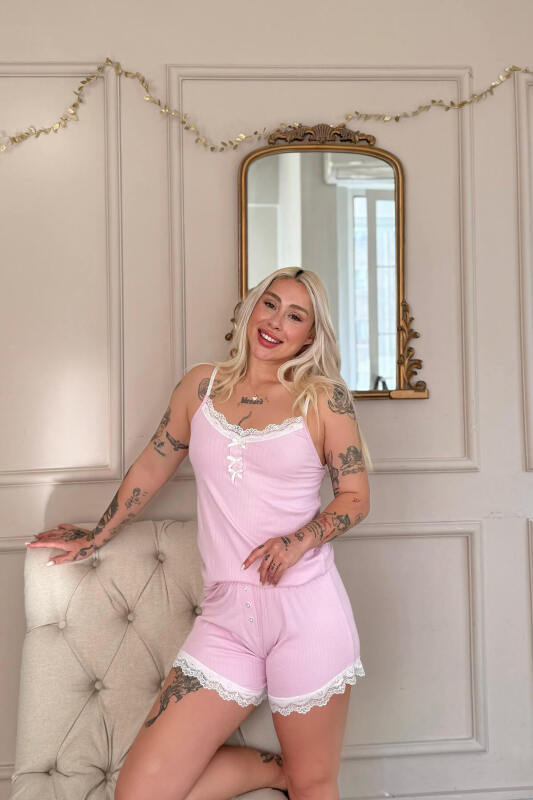 Pembe Dublin Ip Askı Şortlu Kadın Pijama Takımı - Pijamaevi (1)