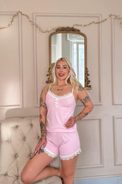 Pembe Dublin Ip Askı Şortlu Kadın Pijama Takımı - 3