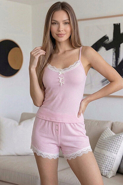 Pembe Dublin Ip Askı Şortlu Kadın Pijama Takımı - 4