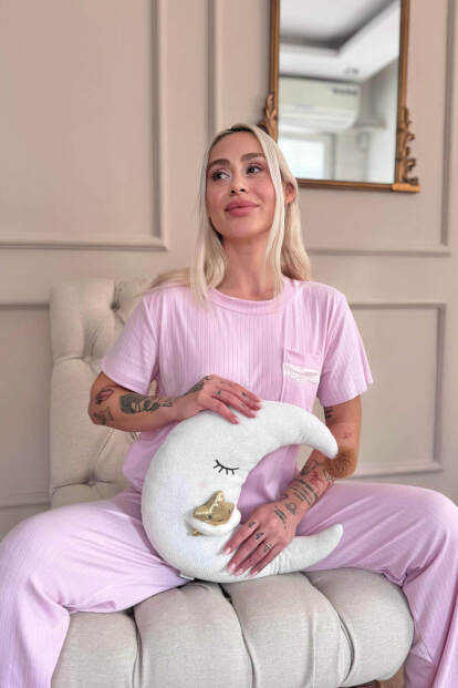 Pembe Dublin Kısa Kollu Dantelli Kadın Pijama Takımı - 2