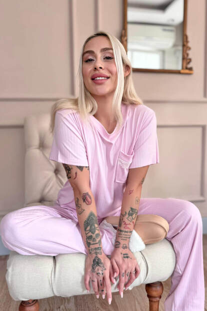 Pembe Dublin Kısa Kollu Dantelli Kadın Pijama Takımı - 3