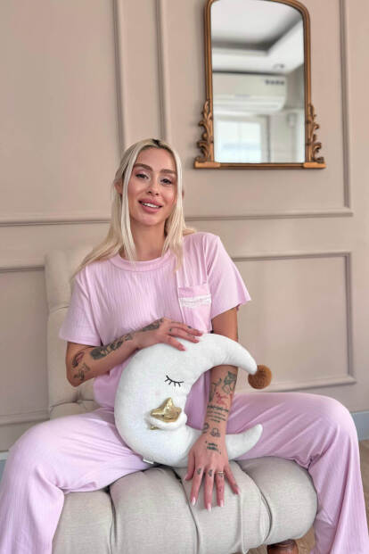 Pembe Dublin Kısa Kollu Dantelli Kadın Pijama Takımı - 4