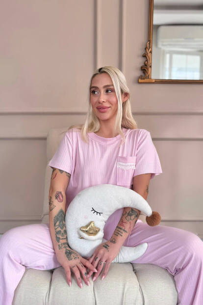 Pembe Dublin Kısa Kollu Dantelli Kadın Pijama Takımı - 5