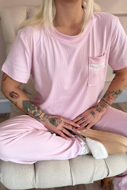 Pembe Dublin Kısa Kollu Dantelli Kadın Pijama Takımı - 6