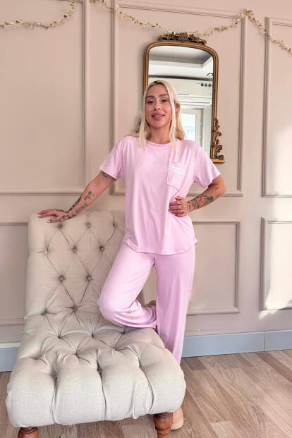 Pembe Dublin Kısa Kollu Dantelli Kadın Pijama Takımı - 7