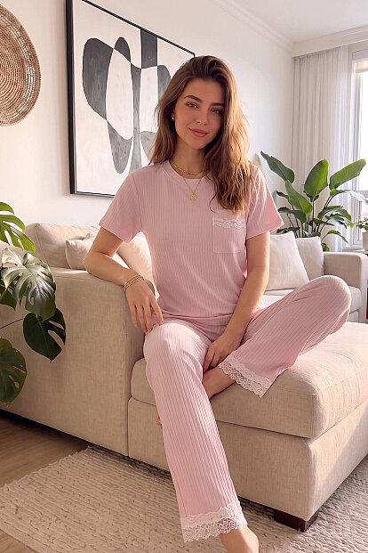 Pembe Dublin Kısa Kollu Dantelli Kadın Pijama Takımı - 5