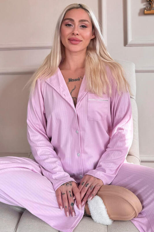 Pembe Dublin Önden Düğmeli Uzun Kollu Kadın Pijama Takımı - Pijamaevi